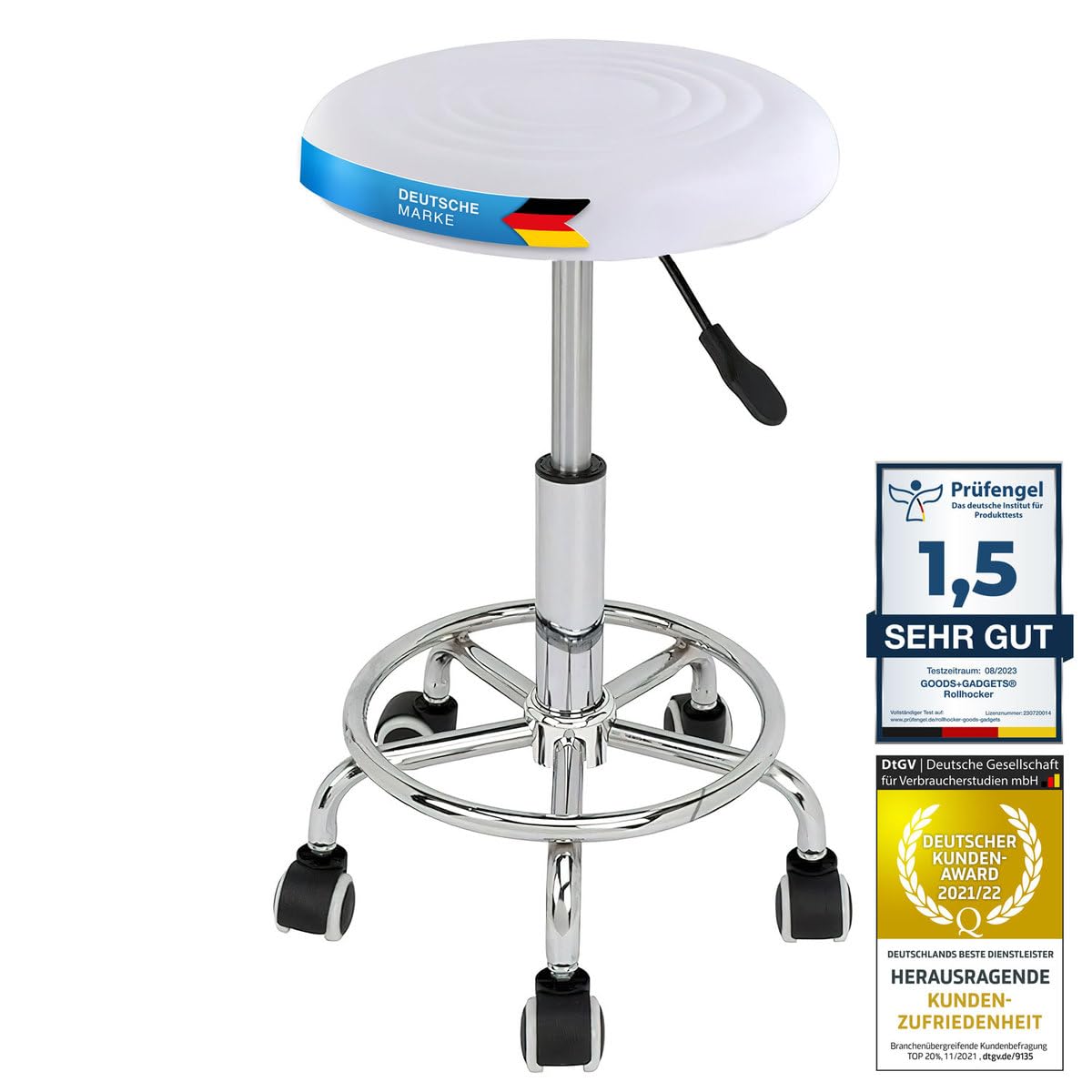 Ergonomie rollbarer Arbeitshocker Drehhocker Barhocker Praxishocker Rollhocker höhenverstellbar, weiß