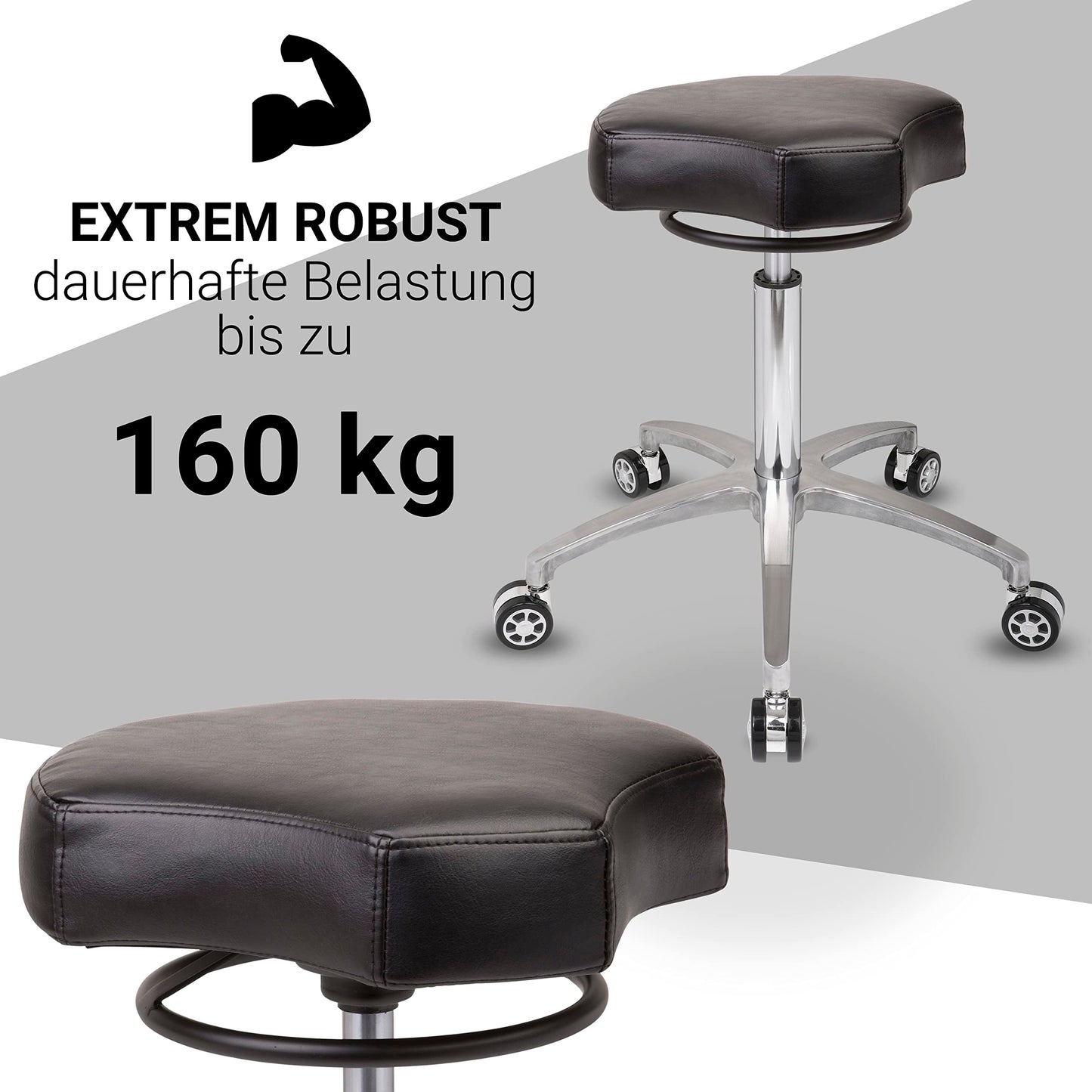 Staboos Rollhocker bis 160 kg - Ergonomisch geformter Sitz mit Ringauslösung - Drehhocker Praxishocker höhenverstellbar (55 cm bis 75 cm)