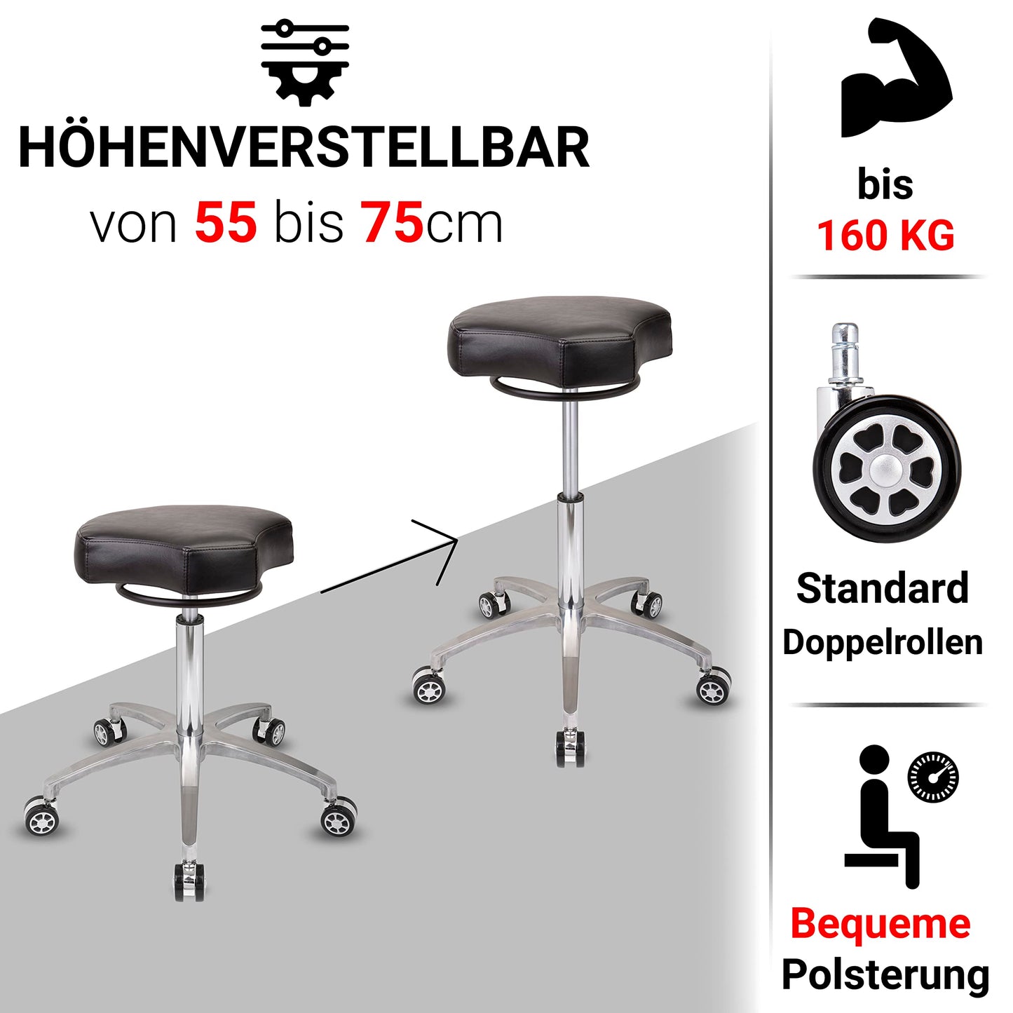 Staboos Rollhocker bis 160 kg - Ergonomisch geformter Sitz mit Ringauslösung - Drehhocker Praxishocker höhenverstellbar (55 cm bis 75 cm)
