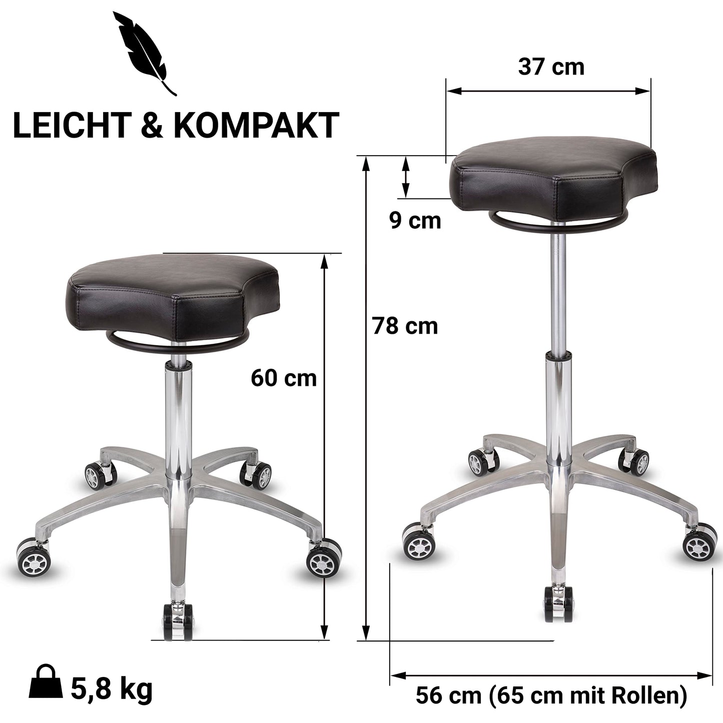 Staboos Rollhocker bis 160 kg - Ergonomisch geformter Sitz mit Ringauslösung - Drehhocker Praxishocker höhenverstellbar (55 cm bis 75 cm)