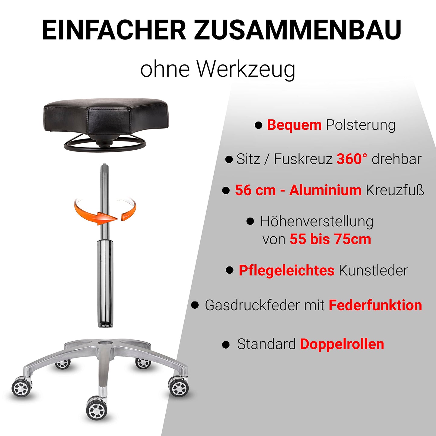 Staboos Rollhocker bis 160 kg - Ergonomisch geformter Sitz mit Ringauslösung - Drehhocker Praxishocker höhenverstellbar (55 cm bis 75 cm)